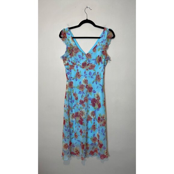 Vintage La Belle Floral V-Neck Ruffle Flutter Sleeve Midi Slip Dress Size 7 - Picture 2 of 4